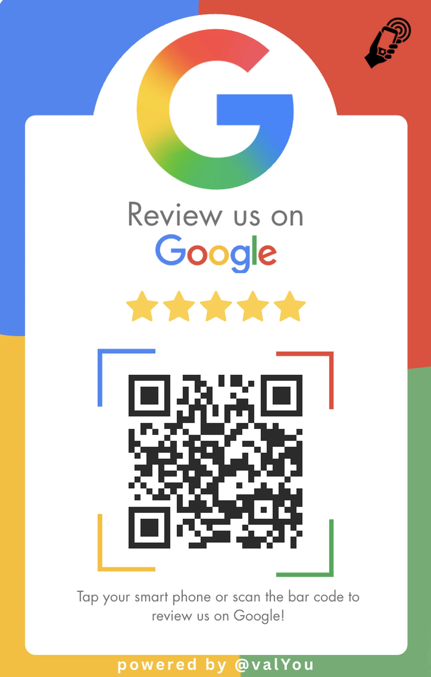 ValYou NFC review card: tap a phone or scan the QR code to review the business on Google